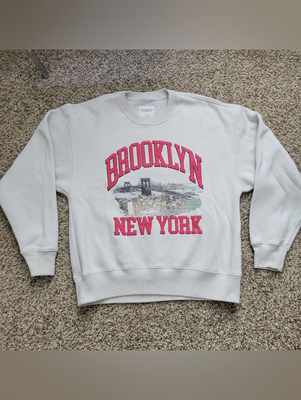 Abercrombie & Fitch Sweatshirt Fleece Brooklyn New York Beige Red Crew Small